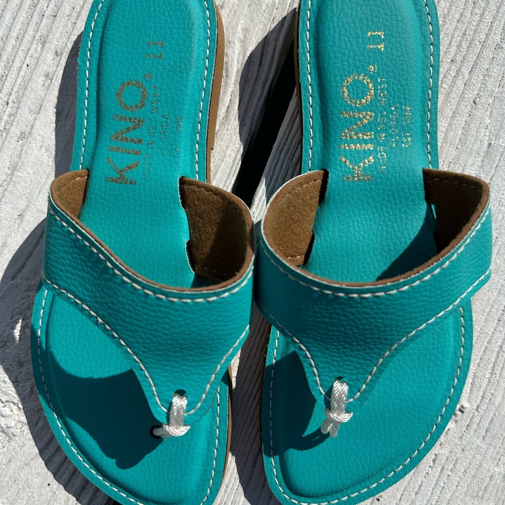 Kino Teal Leather Slide Sandals - Women's